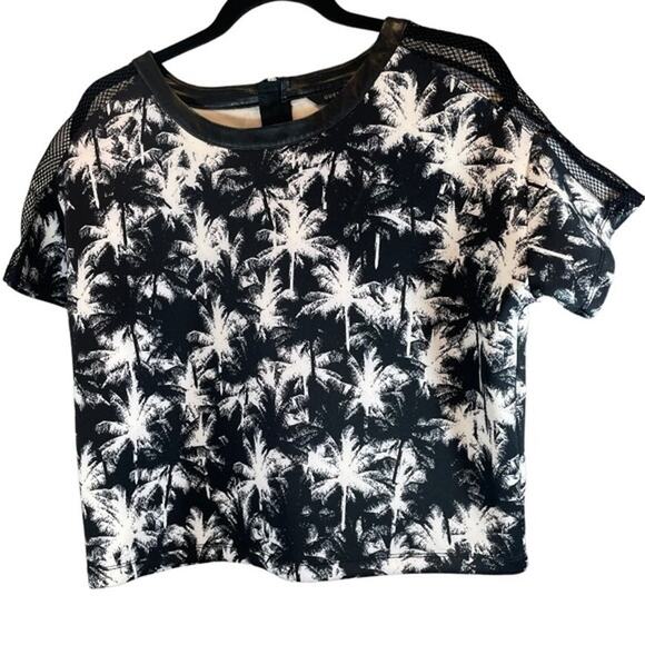 Guess Black & White Palm Tree Print Scuba & Knit Mesh Detail Top - Medium - Picture 1 of 4